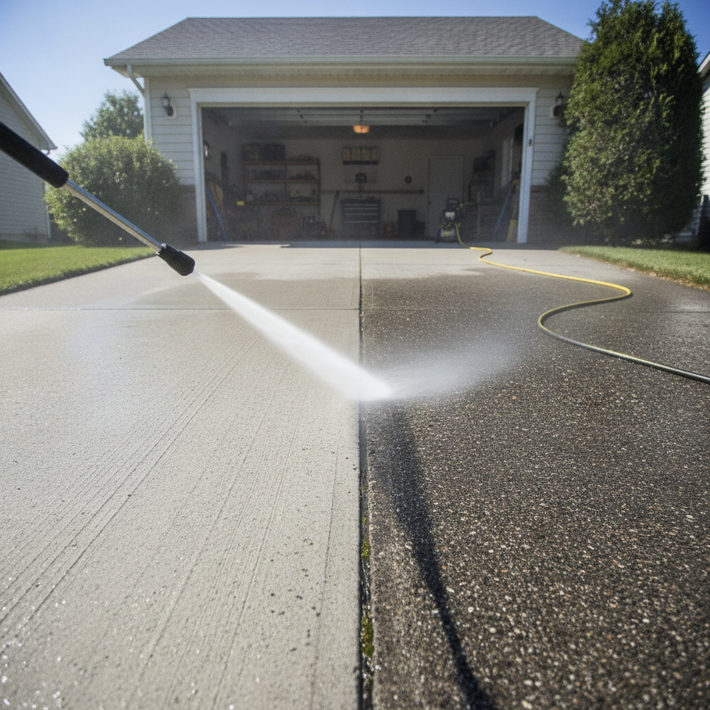 pressure washing garage driveway, no face