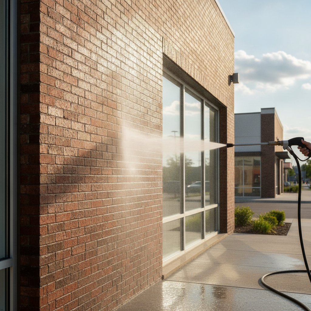 pressure washing the exterior of a retail store, no face