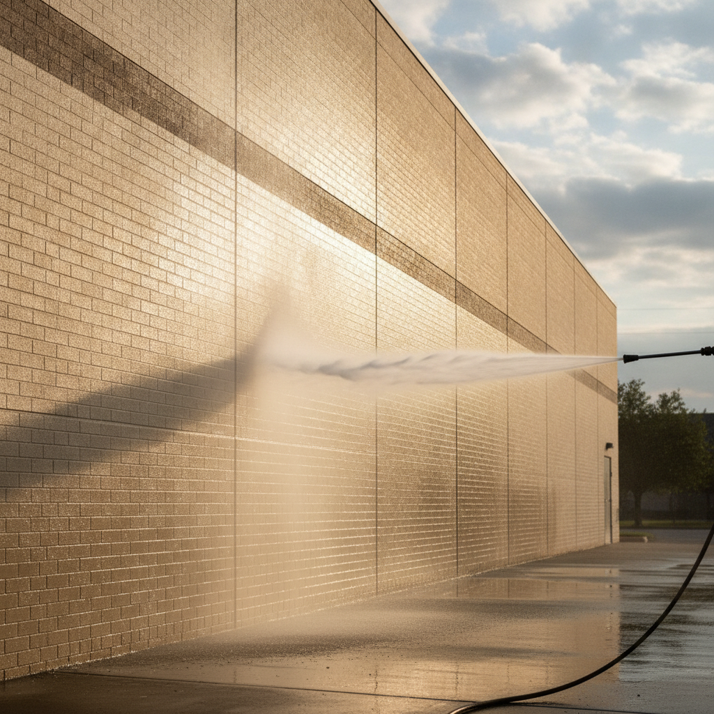 pressure washing the exterior of a commercial building, no face