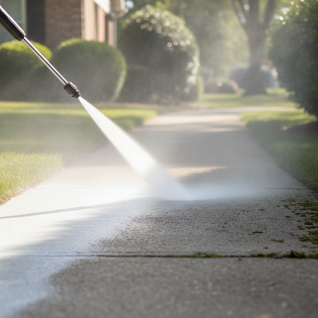 pressure washing a sidewalk, no face